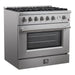 Front left-angled view of the FORNO 36-inch gas range in stainless steel, highlighting the control knobs, six-burner cooktop, and sleek professional design.