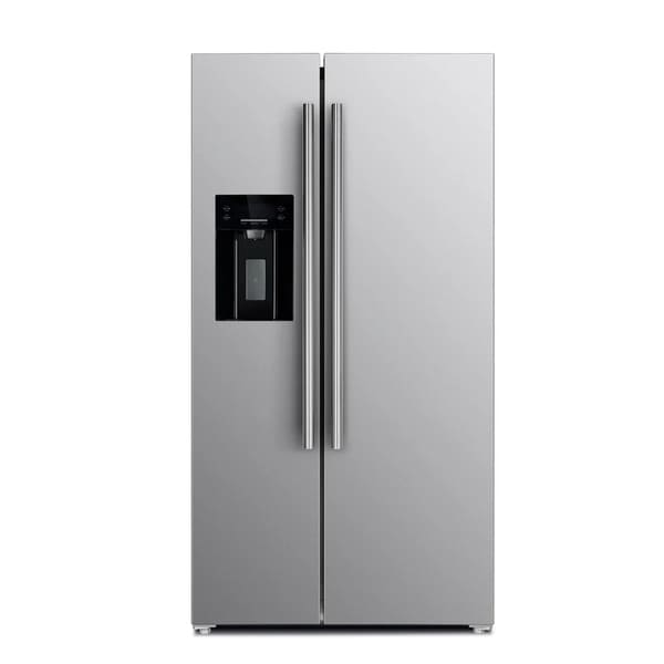 Front view of the FORNO 36-inch refrigerator with water dispenser in stainless steel, featuring double doors, a sleek exterior, and a built-in water and ice dispenser.