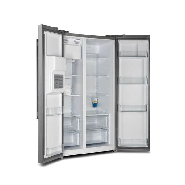 Left-angled view of the FORNO 36-inch refrigerator with water dispenser in stainless steel with doors open, displaying the organized interior layout, shelves, and door compartments.