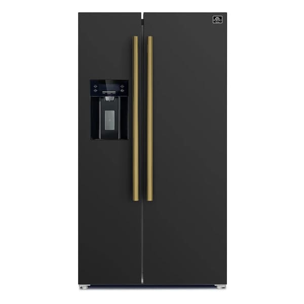 Front view of the FORNO 36-inch side-by-side refrigerator from the 2-piece appliance package, showcasing a sleek exterior design with vertical handles and spacious double doors.