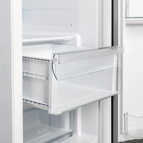 Close-up view of the crisper drawer inside the Forno 36-inch side-by-side refrigerator in white, featuring a clear, spacious design ideal for preserving fruits and vegetables at optimal freshness.
