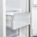Close-up view of the crisper drawer inside the Forno 36-inch side-by-side refrigerator in white, featuring a clear, spacious design ideal for preserving fruits and vegetables at optimal freshness.