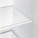 Close-up view of an interior shelf inside the Forno 36-inch side-by-side refrigerator in white, featuring a clear, adjustable glass surface designed for flexible and organized food storage.