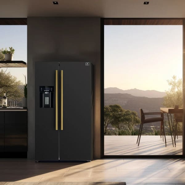 Alternate lifestyle view of FORNO 36-inch side-by-side refrigerator from the 2-piece appliance package, integrated into a stylish kitchen layout with complementary countertops and decor.
