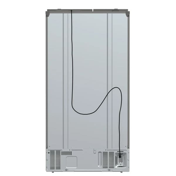 Back view of the Forno 36-inch side-by-side refrigerator with water dispenser, displaying the solid metal rear panel with designated access points for power and water connections, as well as integrated ventilation openings for proper airflow.