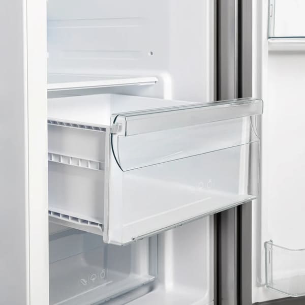 Close-up view of the crisper drawers inside the Forno 36-inch side-by-side refrigerator with water dispenser, featuring clear, slide-out bins designed to keep fruits and vegetables fresh with optimal humidity control.
