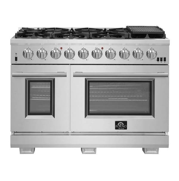 Front view of the FORNO 48-inch gas range from the 2-Piece Appliance Package, featuring 8 sealed burners, two spacious oven compartments with viewing windows, stainless steel control knobs, and a professional-style design ideal for high-performance home cooking.