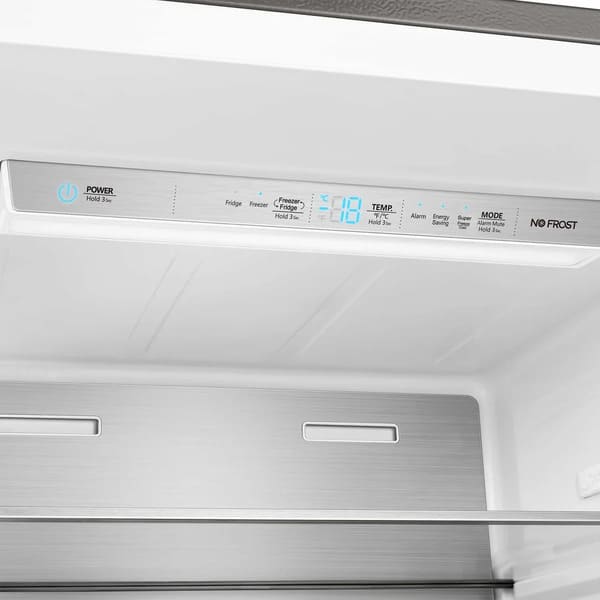 Close-up view of the digital control panel inside the FORNO 60-inch built-in pro-style refrigerator from the 2-Piece Appliance Package, featuring an intuitive LED display with temperature settings, mode indicators, and touch-sensitive buttons for precise climate control.