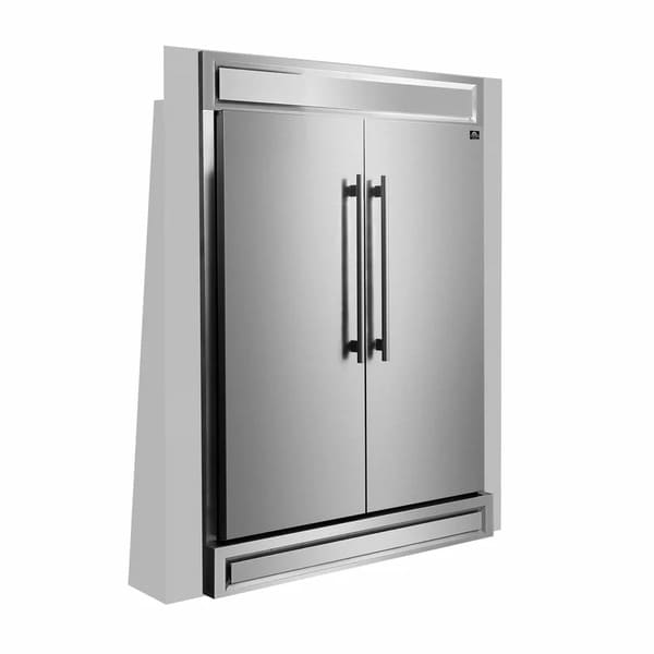 Front left angled view of the FORNO 60-inch built-in pro-style refrigerator from the 2-Piece Appliance Package, highlighting the stainless steel side-by-side doors, vertical professional handles, and integrated design suitable for upscale, modern kitchens.