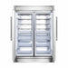 Front view of the FORNO 60-inch built-in pro-style refrigerator from the 2-Piece Appliance Package with both doors open, revealing spacious stainless steel interiors with adjustable glass shelves, door bins, and organized storage compartments designed for high-capacity food preservation.