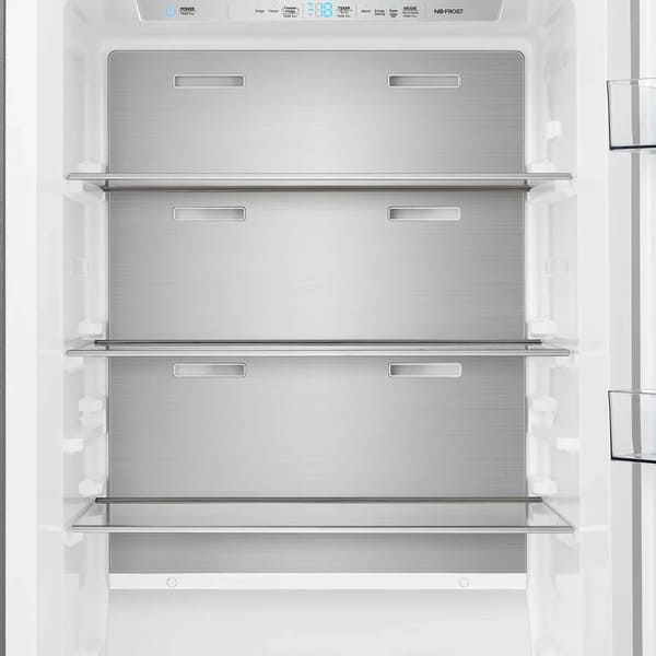 Close-up view of the interior shelf inside the FORNO 60-inch built-in pro-style refrigerator from the 2-Piece Appliance Package, showcasing adjustable glass shelving with stainless steel trim, designed for flexible food organization and easy cleaning.