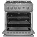 Front view of the FORNO 30-inch gas range with the oven door open, revealing the spacious oven interior, multiple rack positions, and durable stainless steel construction.