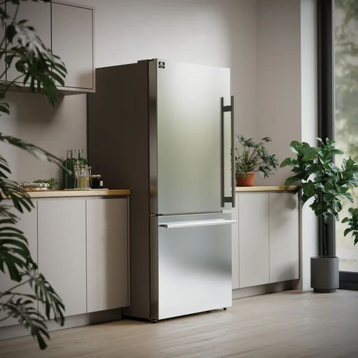 Lifestyle view of the FORNO 31-inch right-hinge refrigerator in stainless steel, elegantly integrated into a contemporary kitchen with cabinetry, countertops, and ambient lighting.