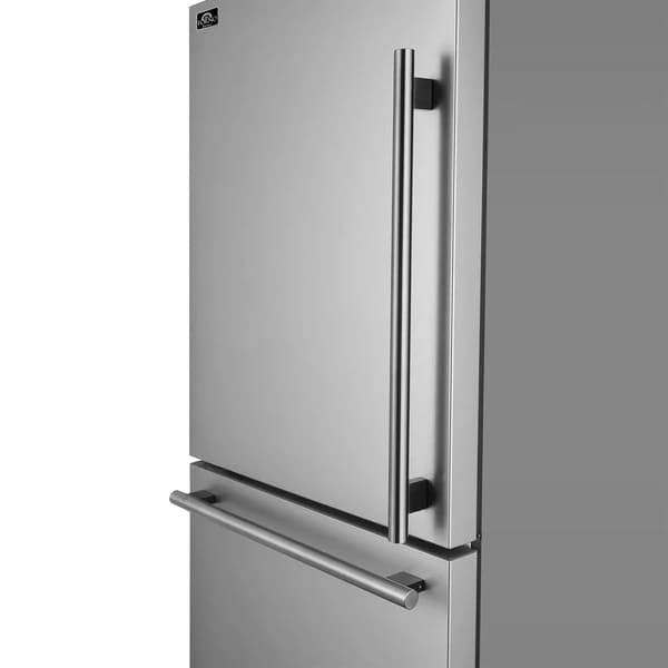 Side view of the FORNO 31-inch right-hinge refrigerator in stainless steel, highlighting the integrated side-mounted handles and streamlined modern design.
