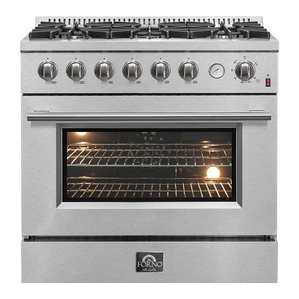 Front view of the FORNO 36-inch gas range in stainless steel, featuring six burners, professional-style control knobs, and a large oven door with a viewing window.