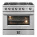 Front view of the FORNO 36-inch gas range in stainless steel, featuring six burners, professional-style control knobs, and a large oven door with a viewing window.