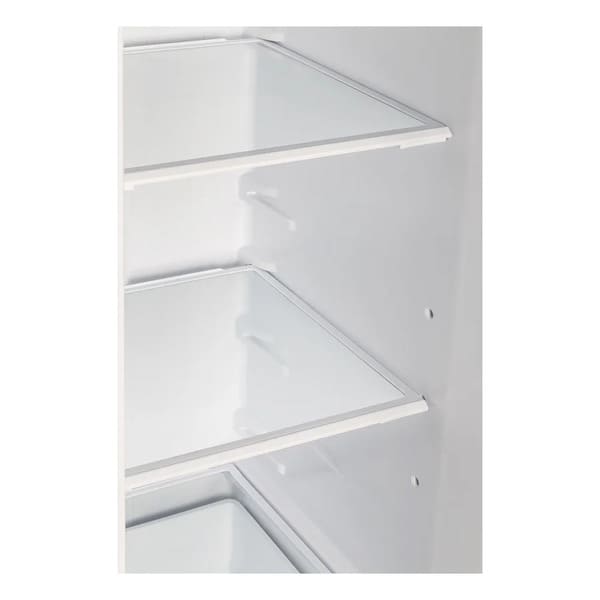 Close-up of the interior shelves in the FORNO 36-inch refrigerator with water dispenser in stainless steel, highlighting the adjustable glass shelves designed for flexible and organized storage.