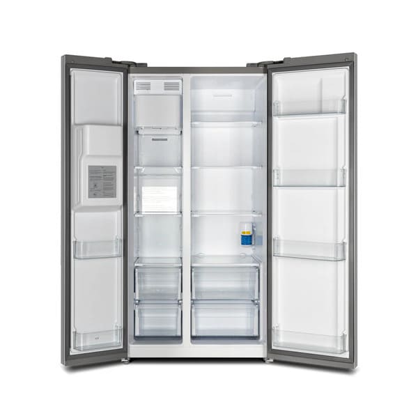 Front view of the FORNO 36-inch refrigerator with water dispenser in stainless steel with both French doors open, revealing a spacious interior with adjustable shelves and storage compartments.