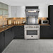 FORNO 36-inch gas range shown in a modern kitchen setting, featuring a stainless-steel finish, six burners, and French doors, blending performance with contemporary style.