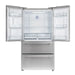 Front view of the FORNO 36-inch French door refrigerator with both doors open, revealing a spacious interior with adjustable glass shelves, crisper drawers, and door storage compartments—part of the FORNO 3-piece stainless steel appliance package.