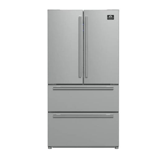 Front view of the FORNO 36-inch French door refrigerator featuring double doors, two bottom freezer drawers, and a sleek stainless steel finish.