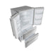 Left-angle view of the FORNO 36-inch French door refrigerator with both doors open, showing spacious interior storage, adjustable shelves, and dual crispers—part of the FORNO 3-piece stainless steel appliance package.