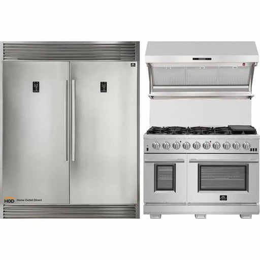 Front view of the FORNO 3-Piece Appliance Package, featuring a 48-inch stainless steel gas range with 8 burners, a 60-inch pro-style French door refrigerator, and a matching wall mount range hood—designed for professional-grade performance and modern kitchen style.
