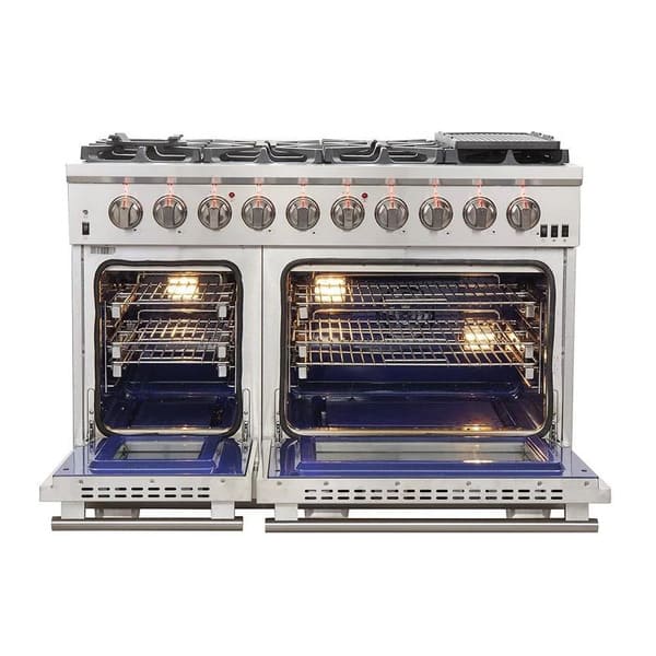 Front view of the FORNO 3-Piece Appliance Package featuring a 48-inch stainless steel gas range with 8 burners and dual ovens, alongside a 60-inch pro-style French door refrigerator, offering a bold and professional look for high-performance kitchens.