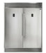Front view of the FORNO pro-style refrigerator and freezer units from the 3-Piece Appliance Package, displayed side by side with matching stainless steel finishes, vertical pro-style handles, and a bold, commercial-inspired aesthetic for high-capacity food storage.