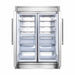 Front view of the FORNO pro-style refrigerator from the 3-Piece Appliance Package with both doors open, revealing a spacious interior layout with adjustable shelves, clear drawers, and door bins—designed for organized, high-capacity food storage in a modern kitchen.