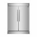 Front view of the FORNO pro-style refrigerator from the 3-Piece Appliance Package, featuring a sleek stainless steel exterior with vertical professional handles, side-by-side doors, and a bold, commercial-grade design ideal for modern kitchens.