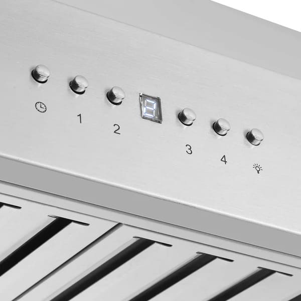 Close-up view of the control panel on the FORNO wall mount range hood from the 3-Piece Appliance Package, featuring clearly labeled push-button controls for fan speed, lighting, and power—designed for intuitive operation and efficient kitchen ventilation.
