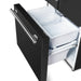 Angled front view of the FORNO 30-Inch French Door Refrigerator in Black with the bottom freezer drawer open, showcasing multiple compartments for efficient and organized frozen food storage.