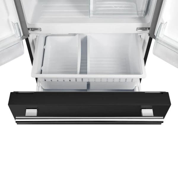 Front view of the FORNO 30-Inch French Door Refrigerator in Black with the bottom freezer drawer open, revealing spacious compartments for organized frozen food storage.