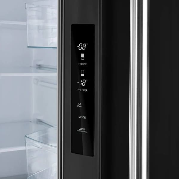 Close-up of the digital control panel inside the FORNO 30-Inch French Door Refrigerator in Black, featuring touch controls and LED display for easy temperature and settings adjustment.