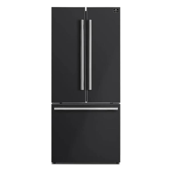 Front view of the FORNO 30-Inch French Door Refrigerator in Black, featuring twin French doors, a bottom freezer drawer, and a smooth matte black finish for a modern look.
