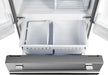 Close-up of the freezer drawers in the FORNO 30-inch French door refrigerator in stainless steel, highlighting the spacious dual-drawer freezer design for organized frozen food storage.