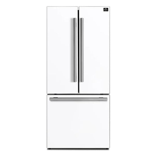 Front view of the FORNO 30-Inch French Door Refrigerator in White, featuring sleek French doors, minimalist handles, and a clean, modern white finish.