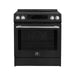 Front view of the FORNO 30-Inch Induction Range in Black, showcasing its seamless black finish, glass cooktop, professional stainless steel knobs, and large oven viewing window.
