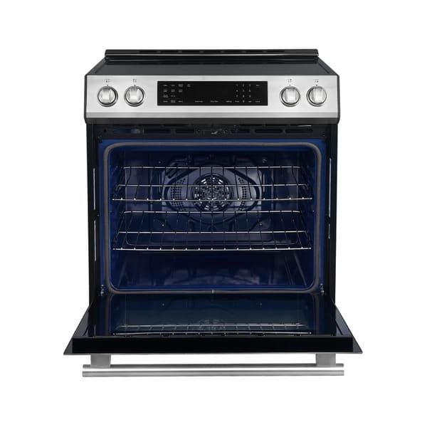 Front view of the FORNO 30-inch induction range in stainless steel with the oven door open, showcasing the spacious oven cavity and interior racks.