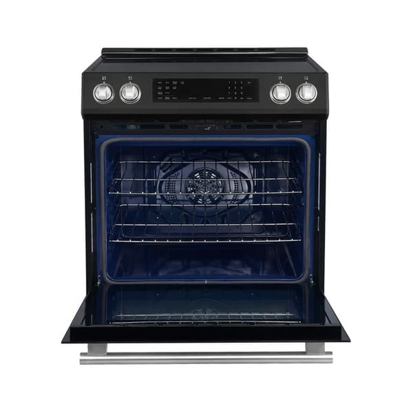 Front view of the FORNO 30-Inch Induction Range in Black with the oven door open, revealing the spacious oven interior with multiple rack positions and a convection fan for even heat distribution.