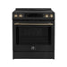 Front view of the FORNO 30-Inch Induction Range in Black, showcasing a smooth glass cooktop, stainless steel control knobs, and a large oven window for clear visibility.