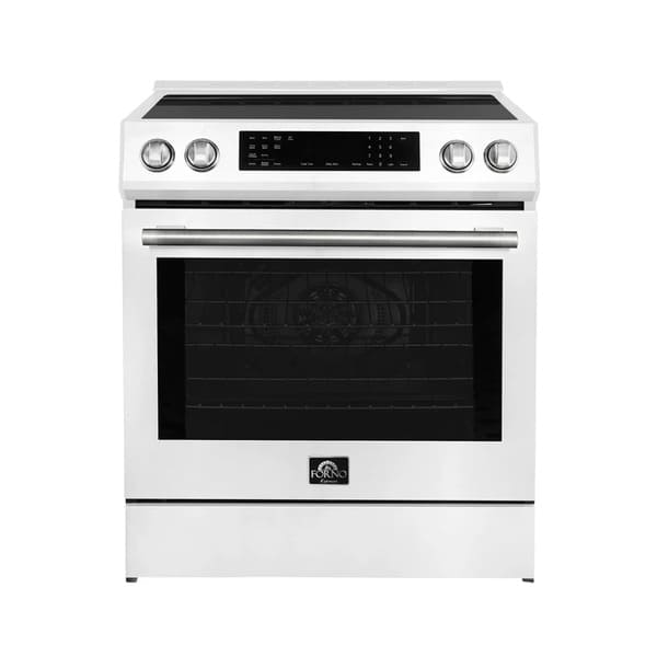 Front view of the FORNO 30-Inch Induction Range in white, featuring a sleek cooktop and minimalist control panel.