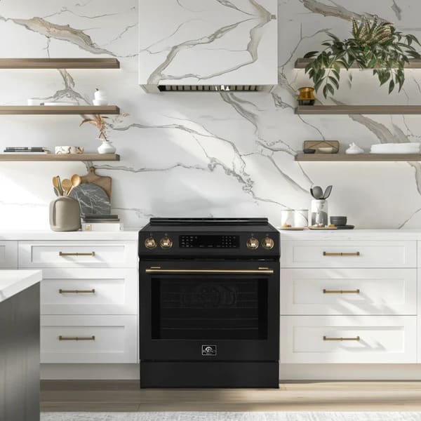 Lifestyle image of the FORNO 30-Inch Induction Range in Black, installed in a modern kitchen environment, highlighting its sleek black finish, smooth cooktop, and contemporary design.