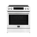 Front view of the FORNO 30-Inch Induction Range in White, featuring a smooth glass cooktop, stainless steel control knobs, and a large oven window for easy viewing.