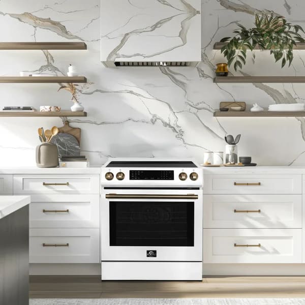 Lifestyle image of the FORNO 30-Inch Induction Range in White, integrated into a stylish kitchen with modern cabinetry and decor, showcasing its sleek design and professional appearance.