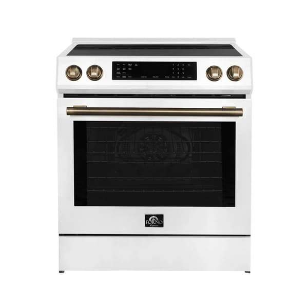 Front view of the FORNO 30-Inch Induction Range in White, featuring a smooth glass cooktop, professional-style control knobs, and a large oven door with a viewing window.