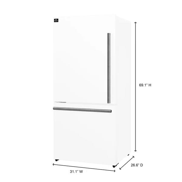 Dimension diagram of the FORNO 31-inch left-hinge refrigerator in white, showing height, width, and depth measurements with labeled arrows.