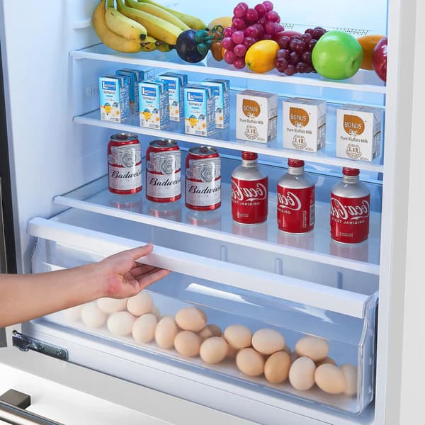 Interior view of the FORNO 31-inch left-hinge refrigerator in white, highlighting the adjustable glass shelves and spacious pull-out drawers for organized food storage.