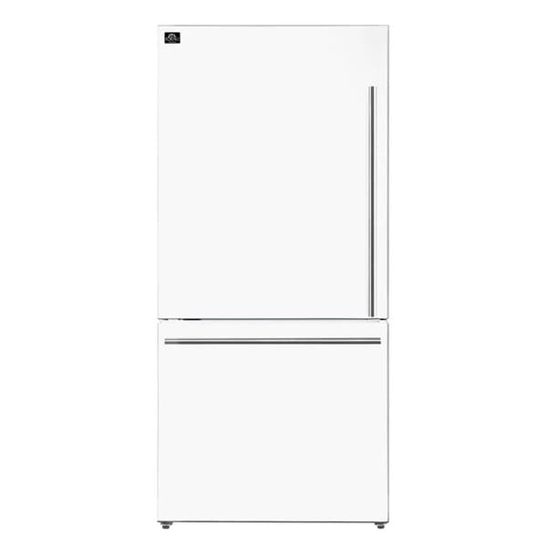 Front view of the FORNO 31-inch left-hinge refrigerator in white, featuring a clean, minimalist design with smooth doors and integrated handles.